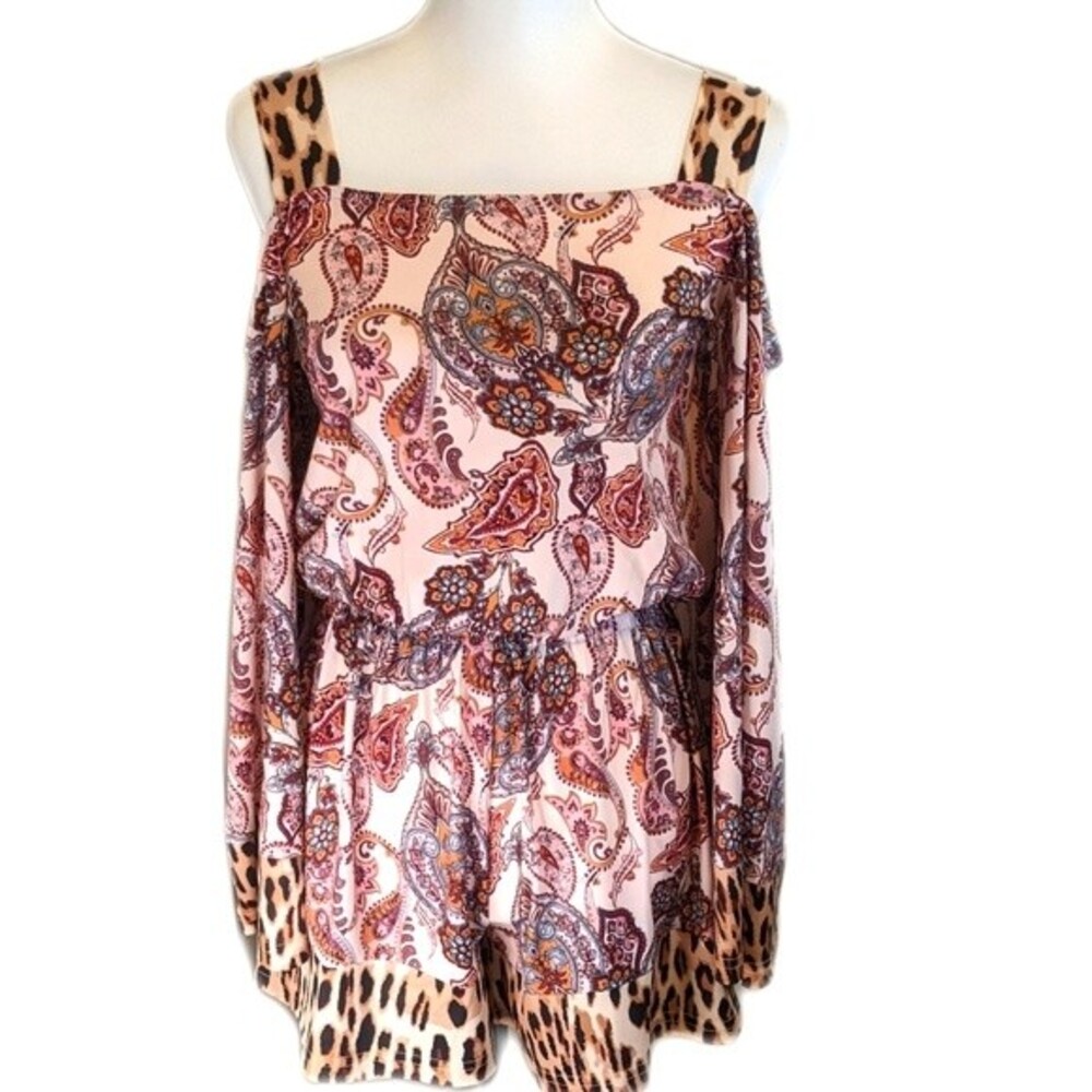 VENUS pink boho print/animal print long sleeve romper, elastic waistband XS